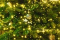 Festive Christmas greeting card, blurred effect. New Year holiday concept. Shiny baubles, garland