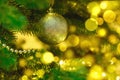 Festive Christmas greeting card, blurred effect. New Year holiday concept. Shiny baubles, garland