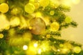 Festive Christmas greeting card, blurred effect. New Year holiday concept. Shiny baubles, garland