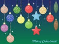 Festive Christmas greeting card. Hanging ornaments made of glass balls, cones and stars. New Year`s vector elements Royalty Free Stock Photo