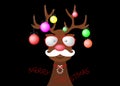 Festive Christmas hipster reindeer wearing Christmas tree with decorative colorful balls on his horns. Holiday theme for children, Royalty Free Stock Photo