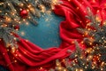 Festive Christmas Holiday Background with Sparkling Lights, Fir Branches, and Elegant Red Fabric on Blue Background Royalty Free Stock Photo