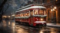 Snowy Town Trolley Driving Down the Street. Generative AI