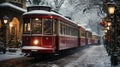 Holiday Christmas Decorated Town Trolley Driving Down the Snowy Street. Generative AI