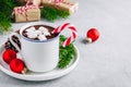 Festive Christmas Hot Chocolate with marshmallow and candy cane Royalty Free Stock Photo