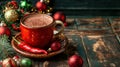 Festive Christmas Hot Chocolate in Rustic Red Mug with Holiday Decorations Royalty Free Stock Photo