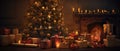 Festive Christmas interior design, tree and fireplace decoration, ai generated Royalty Free Stock Photo