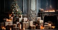 Festive Christmas interior of a house with a Christmas tree and New Year's gifts by the fireplace - AI generated Royalty Free Stock Photo