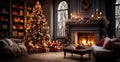 Festive Christmas interior of a house with a Christmas tree and New Year's gifts by the fireplace - AI generated Royalty Free Stock Photo