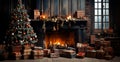 Festive Christmas interior of a house with a Christmas tree and New Year's gifts by the fireplace - AI generated Royalty Free Stock Photo