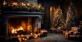 Festive Christmas interior of a house with a Christmas tree and New Year's gifts by the fireplace - AI generated Royalty Free Stock Photo