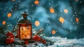 Festive Christmas Lantern on Snowy Table with Fir Branches and Ornaments for Holiday Decoration Royalty Free Stock Photo