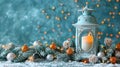 Festive Christmas Lantern on Snowy Table with Fir Branches and Ornaments for Holiday Decoration Royalty Free Stock Photo