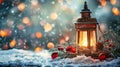 Festive Christmas Lantern on Snowy Table with Fir Branches and Ornaments for Holiday Decoration Royalty Free Stock Photo