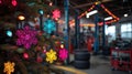Festive christmas lights and snowflakes in a garaged workshop setting Royalty Free Stock Photo