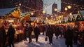 A Festive Christmas Market Scene with Snow and Illuminations Royalty Free Stock Photo