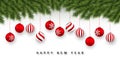 Festive Christmas or New Year Background. Christmas Tree Branches and xmas red ball. Vector illustration Royalty Free Stock Photo