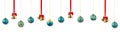 Festive Christmas or New Year Background. Christmas gold bell with red bow and xmas blue ball. Vector illustration Royalty Free Stock Photo