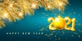 Festive Christmas or New Year Background. Christmas gold spruce branches with Golden helium balloon numbers 2021. Holiday`s Royalty Free Stock Photo