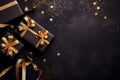 Festive Christmas new year celebration image with gift boxes stars and glitter on a black frosty background Generative AI