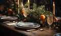 Festive Christmas and New Year evening table setting with decorations