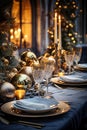 Festive Christmas and New Year evening table setting with interior decorations background