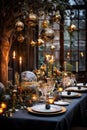 Festive Christmas and New Year evening table setting with interior decorations background