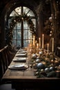 Festive Christmas and New Year evening table setting with interior decorations background