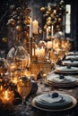 Festive Christmas and New Year evening table setting with interior decorations background