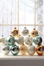 Festive Christmas Ornaments on Polished Table with Bokeh Background