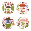 Festive Christmas Paper Coffee Cups Adorned With Merry Motifs, Like Cute Penguin, Santa Claus, Snowman, Decorated Tree