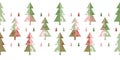 Festive Christmas park Border with colourful decorated geometric trees on white background.