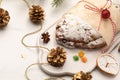 Festive Christmas pastries are decorated with Christmas toys, candied fruits. Traditional German cupcake Royalty Free Stock Photo