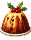 Festive Christmas Pudding with Holly Berries on White Plate Isolated Royalty Free Stock Photo