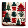 Festive Christmas Quilt with Tree Motifs in Square Block Pattern Royalty Free Stock Photo