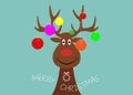 Festive Christmas reindeer wearing Christmas tree with decorative colorful balls on his horns. Holiday theme for children, vector Royalty Free Stock Photo