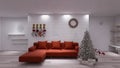 Festive christmas room interior design, 3d render Royalty Free Stock Photo