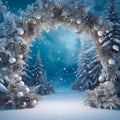 Festive Christmas scene background. spruce branches covered with snow, decorated with cones, create a frame. copy space Royalty Free Stock Photo