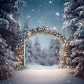 Festive Christmas scene background. spruce branches covered with snow, decorated with cones, create a frame. copy space Royalty Free Stock Photo