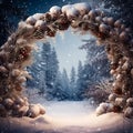 Festive Christmas scene background. spruce branches covered with snow, decorated with cones, create a frame. copy space Royalty Free Stock Photo