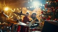 festive Christmas scene with a band performing in front of a beautifully decorated tree, creating a lively and cheerful holiday Royalty Free Stock Photo