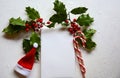 Festive Christmas scene/candy canes santa hat,holly Royalty Free Stock Photo