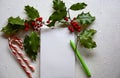 Festive Christmas scene with green holly, two candy canes,