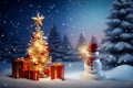 Festive Christmas scene with tree and snowman and gifts in snowy forest Royalty Free Stock Photo