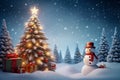 Festive Christmas scene with tree and snowman and gifts in snowy forest Royalty Free Stock Photo