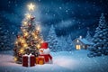 Festive Christmas scene with tree and snowman and gifts in snowy forest Royalty Free Stock Photo