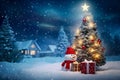 Festive Christmas scene with tree and snowman and gifts in snowy forest Royalty Free Stock Photo