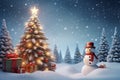 Festive Christmas scene with tree and snowman and gifts in snowy forest Royalty Free Stock Photo