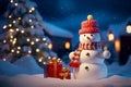 Festive Christmas scene with tree and snowman and gifts in snowy forest Royalty Free Stock Photo