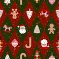 Festive Christmas seamless pattern. Red and green harlequin background with Santa, nutcracker and ginger toys. Royalty Free Stock Photo